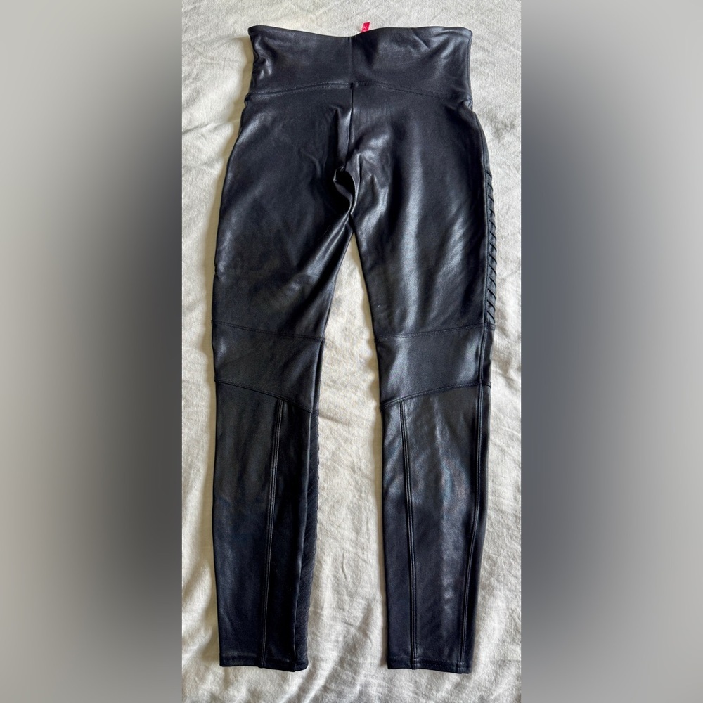 SPANX Black Faux Leather Moto Leggings - Picture 2 of 12